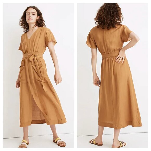 Madewell Linen Blend Dolman Sleeve Tie Waist Midi Dress in Mustard Women's 0 - Picture 1 of 8